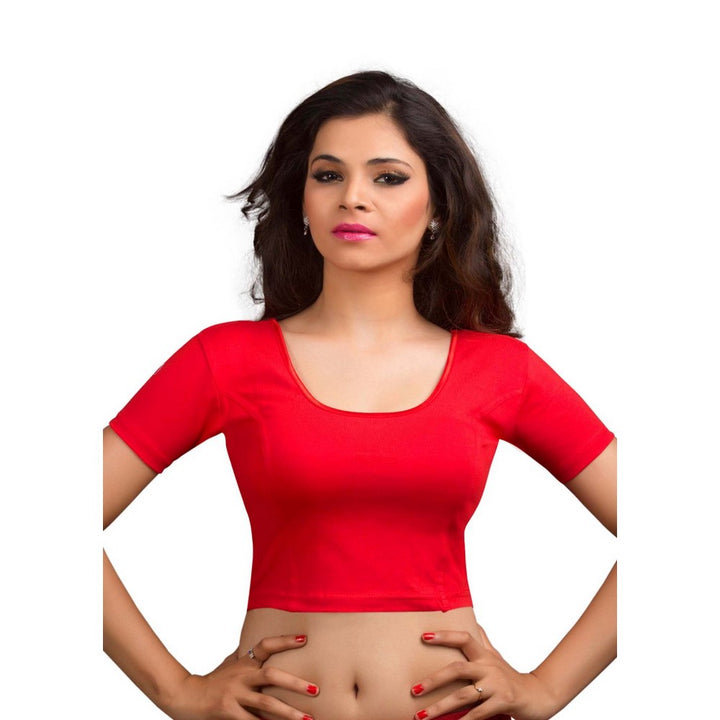 Designer Red Non-Padded Cotton Lycra Stretchable Short Sleeves Saree Blouse Crop Top (A-14-Red)