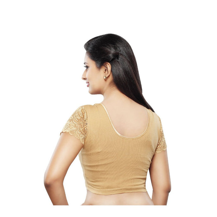 Designer Gold Non-Padded Cotton Lycra Stretchable Netted Short Sleeves Saree Blouse Crop Top (A-15-Gold)