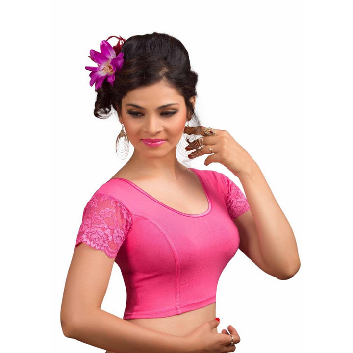 Designer Light-Pink Non-Padded Cotton Lycra Stretchable Netted Short Sleeves Saree Blouse Crop Top (A-15-Light-Pink)