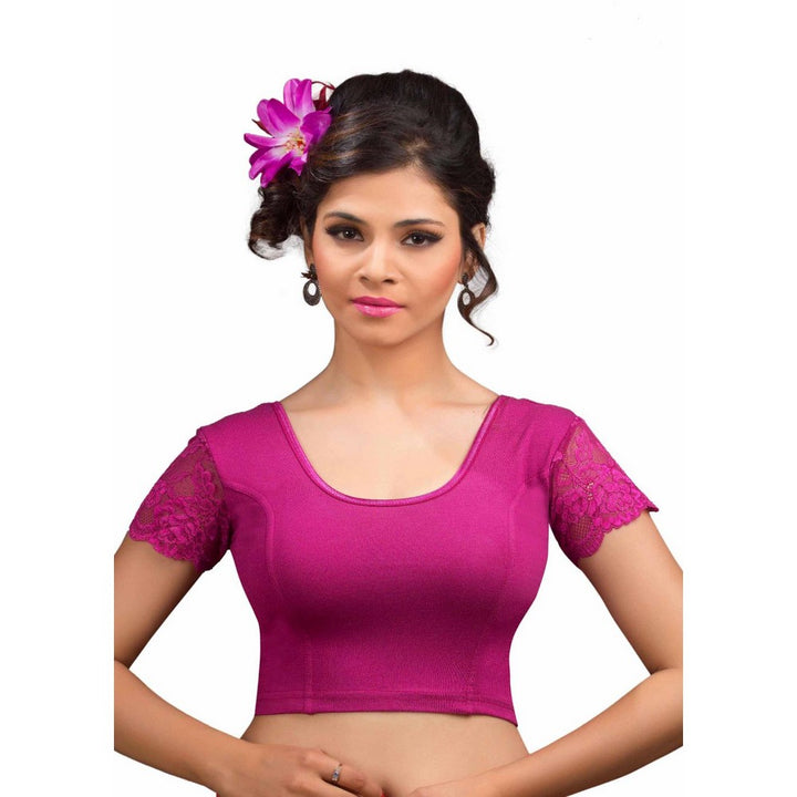 Designer Indian Magenta Cotton Lycra Non-Padded Stretchable Half Sleeves Saree Blouse Crop Top (A-15)