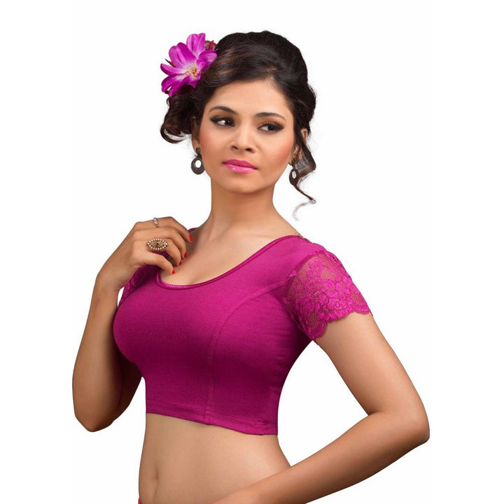 Designer Indian Magenta Cotton Lycra Non-Padded Stretchable Half Sleeves Saree Blouse Crop Top (A-15)