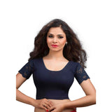 Designer Indian Navy-Blue Cotton Lycra Non-Padded Stretchable Half Sleeves Saree Blouse Crop Top (A-15)