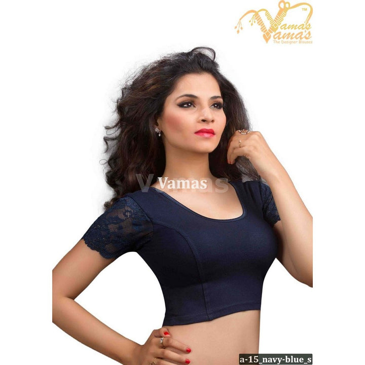 Designer Indian Navy-Blue Cotton Lycra Non-Padded Stretchable Half Sleeves Saree Blouse Crop Top (A-15)