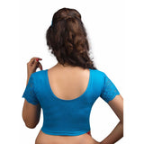 Designer Peacock-Blue Non-Padded Cotton Lycra Stretchable Netted Short Sleeves Saree Blouse Crop Top (A-15-Peacock-Blue)