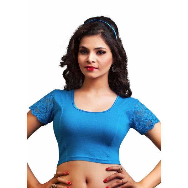 Designer Peacock-Blue Non-Padded Cotton Lycra Stretchable Netted Short Sleeves Saree Blouse Crop Top (A-15-Peacock-Blue)