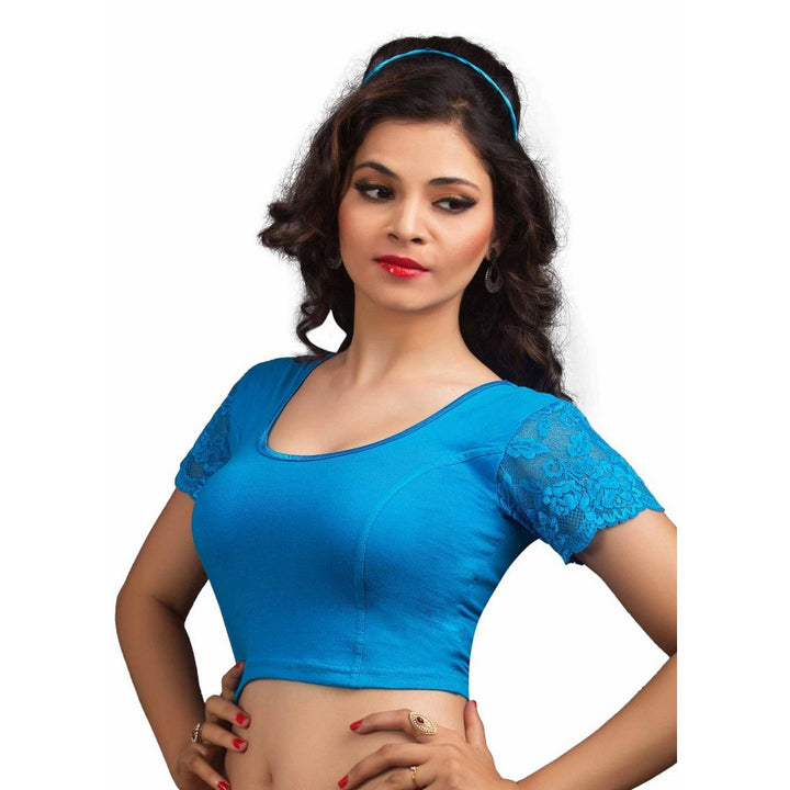 Designer Peacock-Blue Non-Padded Cotton Lycra Stretchable Netted Short Sleeves Saree Blouse Crop Top (A-15-Peacock-Blue)