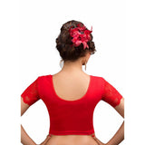 Designer Red Non-Padded Cotton Lycra Stretchable Netted Short Sleeves Saree Blouse Crop Top (A-15-Red)