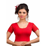 Designer Red Non-Padded Cotton Lycra Stretchable Netted Short Sleeves Saree Blouse Crop Top (A-15-Red)