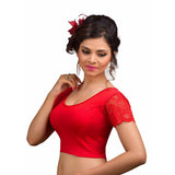 Designer Red Non-Padded Cotton Lycra Stretchable Netted Short Sleeves Saree Blouse Crop Top (A-15-Red)