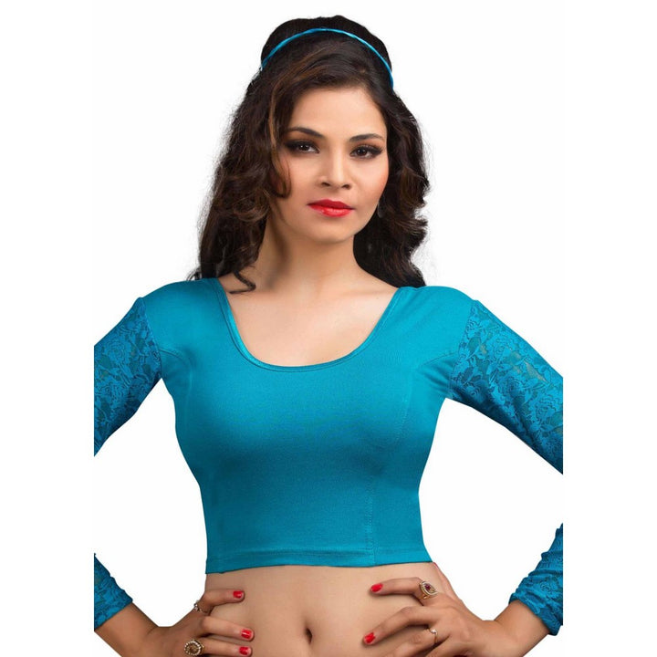 Designer Firozi Non-Padded Cotton Lycra Stretchable Netted Long Sleeves Saree Blouse Crop Top (A-16-Firozi)