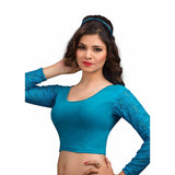 Designer Firozi Non-Padded Cotton Lycra Stretchable Netted Long Sleeves Saree Blouse Crop Top (A-16-Firozi)