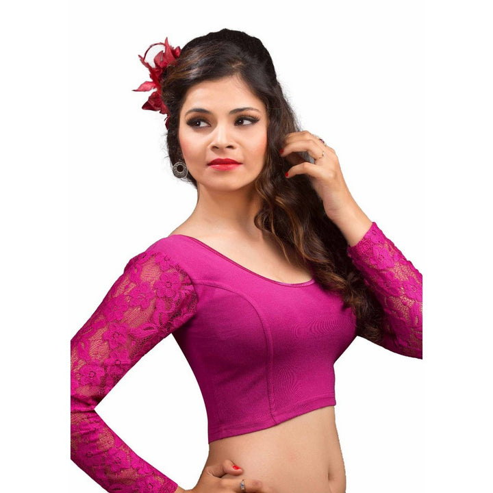 Designer Indian Magenta Cotton Lycra Non-Padded Stretchable Full Sleeves Saree Blouse Crop Top (A-16)