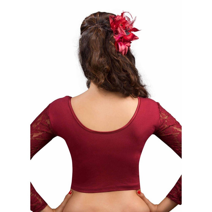 Designer Maroon Non-Padded Cotton Lycra Stretchable Netted Long Sleeves Saree Blouse Crop Top (A-16-Maroon)