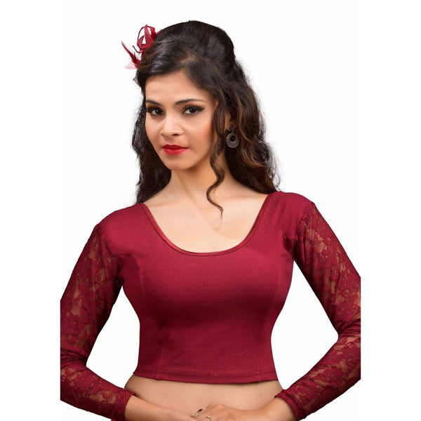 Designer Maroon Non-Padded Cotton Lycra Stretchable Netted Long Sleeves Saree Blouse Crop Top (A-16-Maroon)