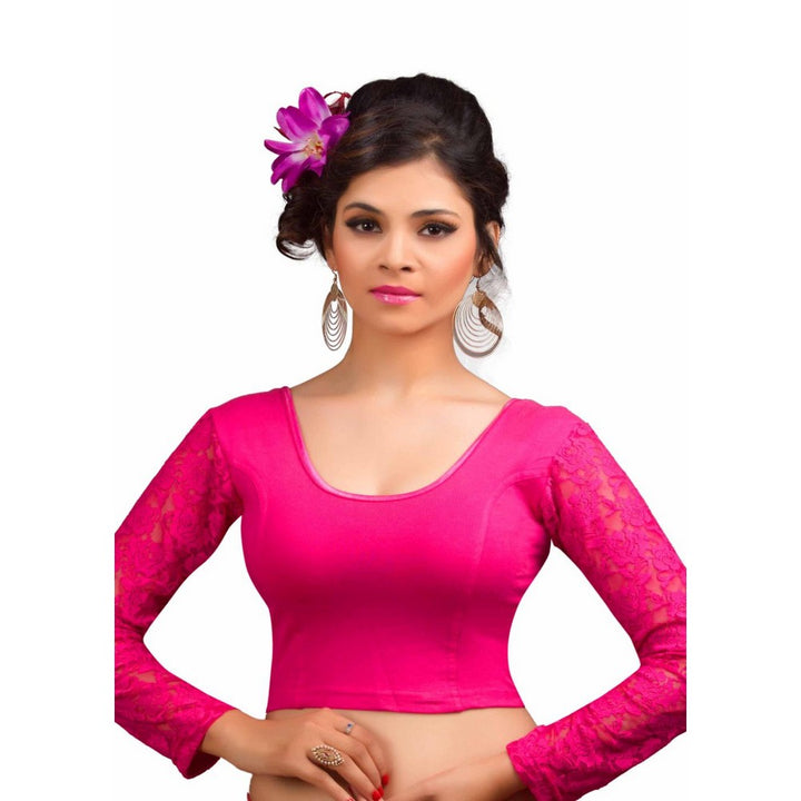 Designer Pink Non-Padded Cotton Lycra Stretchable Netted Long Sleeves Saree Blouse Crop Top (A-16-Pink)