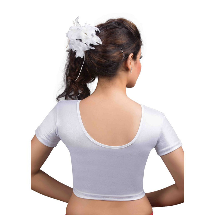 Designer Silver Shimmer Non-Padded Stretchable Short Sleeves Saree Blouse Crop Top (A-17-Silver)