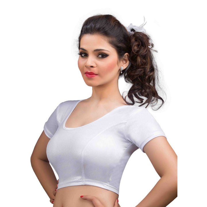 Designer Silver Shimmer Non-Padded Stretchable Short Sleeves Saree Blouse Crop Top (A-17-Silver)