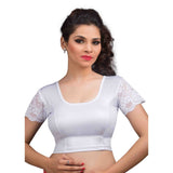 Designer Silver Shimmer Non-Padded Stretchable Netted Short Sleeves Saree Blouse Crop Top (A-18-Silver)