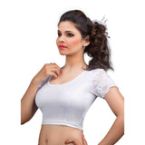 Designer Silver Shimmer Non-Padded Stretchable Netted Short Sleeves Saree Blouse Crop Top (A-18-Silver)