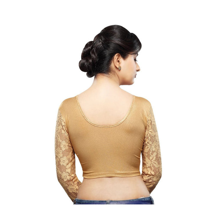 Designer Cooper Shimmer Non-Padded Stretchable Long Netted Sleeves Saree Blouse Crop Top (A-19-Cooper)