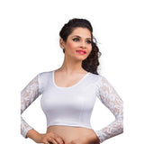 Designer Silver Shimmer Non-Padded Stretchable Long Netted Sleeves Saree Blouse Crop Top (A-19-Silver)