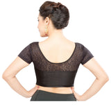 Designer Black Non-Padded Stretchable Sweetheart Neckline With Short Netted Sleeves Saree Blouse Crop Top (A-23-Black)
