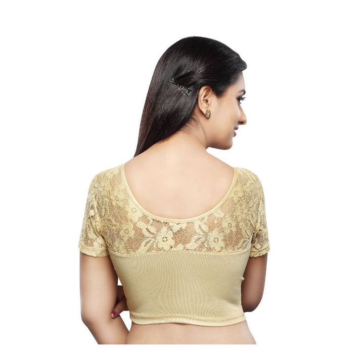 Designer Gold Non-Padded Stretchable Sweetheart Neckline With Short Netted Sleeves Saree Blouse Crop Top (A-23-Gold)