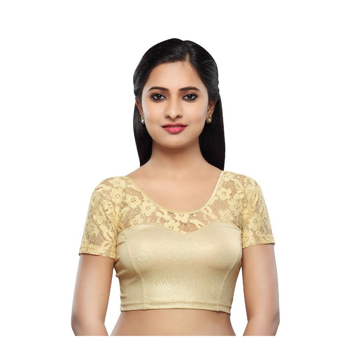 Designer Gold Non-Padded Stretchable Sweetheart Neckline With Short Netted Sleeves Saree Blouse Crop Top (A-23-Gold)