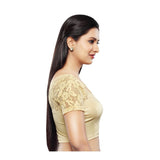 Designer Gold Non-Padded Stretchable Sweetheart Neckline With Short Netted Sleeves Saree Blouse Crop Top (A-23-Gold)