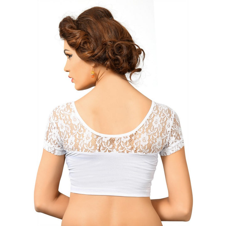 Designer White Non-Padded Stretchable Sweetheart Neckline With Short Netted Sleeves Saree Blouse Crop Top (A-23-White)