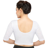 Designer Silver Shimmer Non-Padded Stretchable Netted Short Sleeves Saree Blouse Crop Top (A-25-Silver)