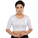 Designer Silver Shimmer Non-Padded Stretchable Netted Short Sleeves Saree Blouse Crop Top (A-25-Silver)