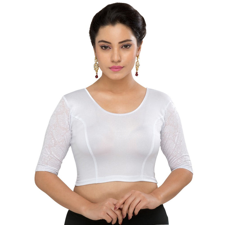 Designer Silver Shimmer Non-Padded Stretchable Netted Short Sleeves Saree Blouse Crop Top (A-25-Silver)