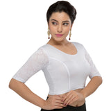 Designer Silver Shimmer Non-Padded Stretchable Netted Short Sleeves Saree Blouse Crop Top (A-25-Silver)