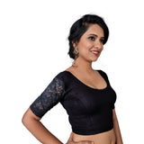 Designer Black Lycra Non-Padded Stretchable With Elbow Length Net Sleeves Saree Blouse Crop Top (A-26-Black)