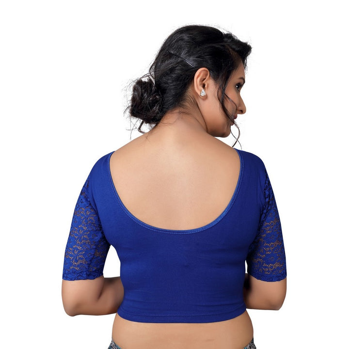 Designer Blue Lycra Non-Padded Stretchable With Elbow Length Net Sleeves Saree Blouse Crop Top (A-26-Blue)