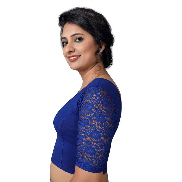 Designer Blue Lycra Non-Padded Stretchable With Elbow Length Net Sleeves Saree Blouse Crop Top (A-26-Blue)