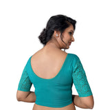 Designer Firozi Lycra Non-Padded Stretchable With Elbow Length Net Sleeves Saree Blouse Crop Top (A-26-Firozi)