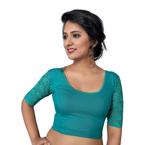 Designer Firozi Lycra Non-Padded Stretchable With Elbow Length Net Sleeves Saree Blouse Crop Top (A-26-Firozi)