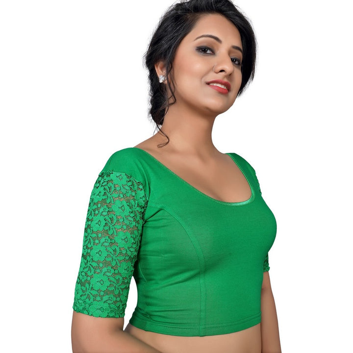 Designer Green Lycra Non-Padded Stretchable With Elbow Length Net Sleeves Saree Blouse Crop Top (A-26-Green)