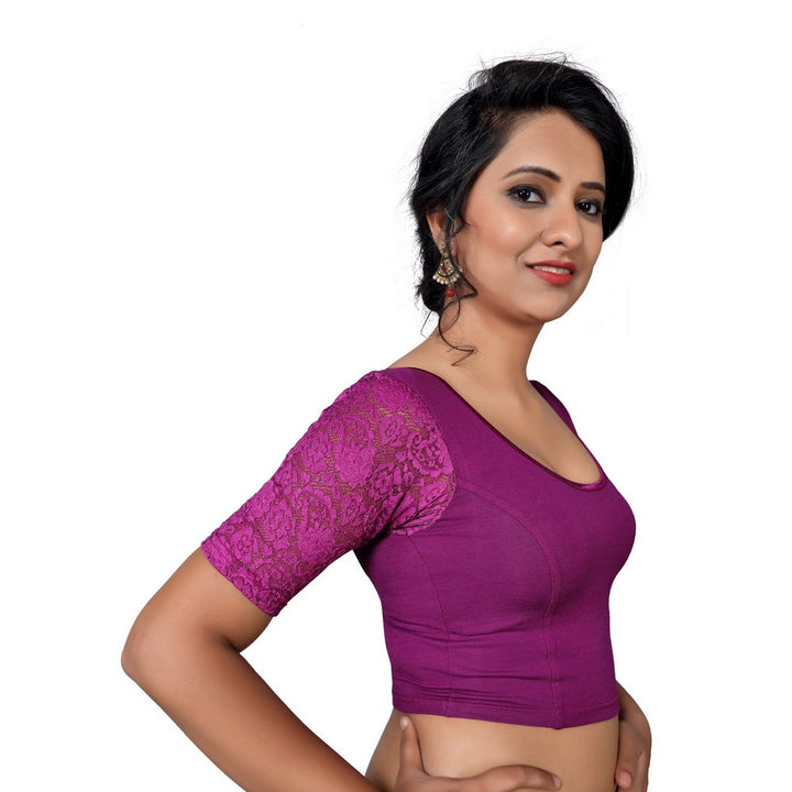 Designer Indian Magenta Cotton Lycra Non-Padded Stretchable Elbow Length Sleeves Saree Blouse Crop Top (A-26)