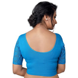 Designer Peacock-Blue Lycra Non-Padded Stretchable With Elbow Length Net Sleeves Saree Blouse Crop Top (A-26-Peacock-Blue)
