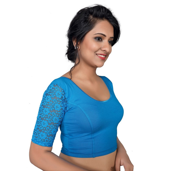 Designer Peacock-Blue Lycra Non-Padded Stretchable With Elbow Length Net Sleeves Saree Blouse Crop Top (A-26-Peacock-Blue)