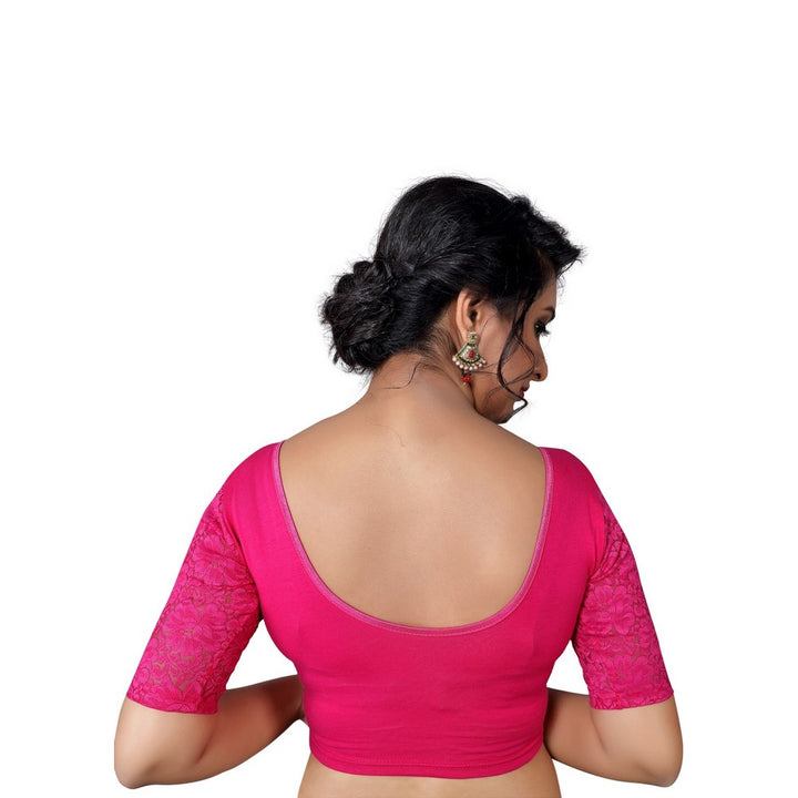 Designer Pink Non-Padded Stretchable With Elbow Length Net Sleeves Saree Blouse Crop Top (A-26-Pink)