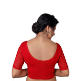 Designer Red Non-Padded Stretchable With Elbow Length Net Sleeves Saree Blouse Crop Top (A-26-Red)