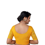 Designer Yellow Non-Padded Stretchable With Elbow Length Net Sleeves Saree Blouse Crop Top (A-26-Yellow)