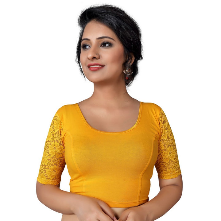 Designer Yellow Non-Padded Stretchable With Elbow Length Net Sleeves Saree Blouse Crop Top (A-26-Yellow)