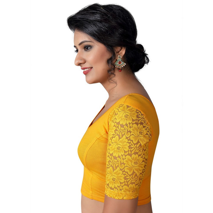 Designer Yellow Non-Padded Stretchable With Elbow Length Net Sleeves Saree Blouse Crop Top (A-26-Yellow)