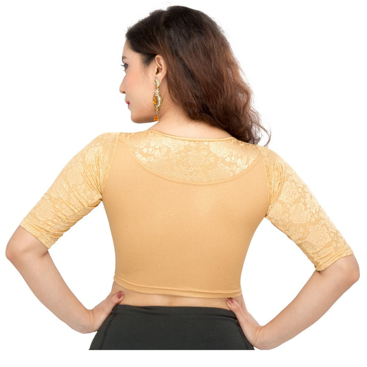 Designer Gold Non-Padded Stretchable Boat Neckline With Elbow Length Net Sleeves Saree Blouse Crop Top (A-31-Gold)