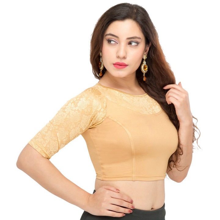 Designer Gold Non-Padded Stretchable Boat Neckline With Elbow Length Net Sleeves Saree Blouse Crop Top (A-31-Gold)